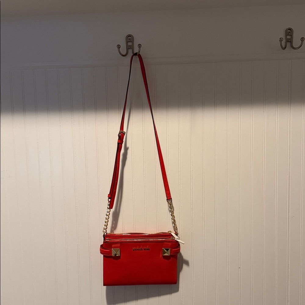 Michael Kors Red Leather Crossbody with Gold Chain Detail